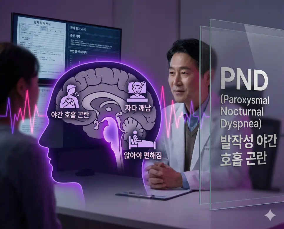 의학용어 PND, PO, PPD 완벽 가이드 1 의학용어 PND(발작성 야간 호흡 곤란)로 인해 환자가 취침 중 갑자기 심한 호흡 곤란을 겪으며 깨어나고, 침대 가장자리에 앉아야만 호흡 근육이 이완되어 숨쉬기가 편해지는 울혈성 심부전의 전형적인 증상을 시각화한 병태생리 이미지