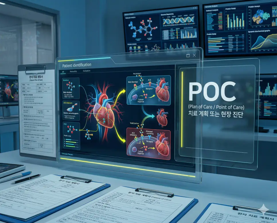 의학용어 POC(치료 계획 또는 현장 진단) 기전을 통해 환자의 개별적인 치료 목표와 구체적인 이행 방법을 담은 설계도 혹은 한국인 환자 곁에서 즉시 시행하는 검사 과정을 시각화한 이미지