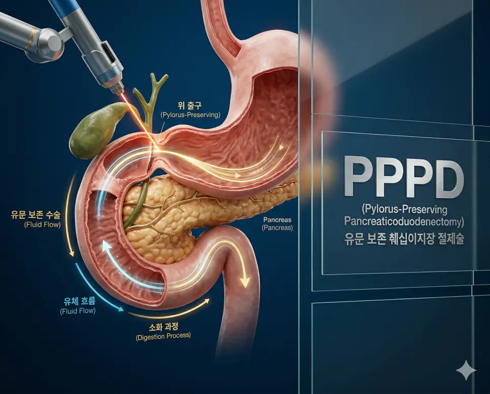 의학용어 PPPD(유문 보존 췌십이지장 절제술) 시술을 통해 췌장암 치료 시 위 출구인 유문을 보존하고 해부학적 구조와 혈관계를 통해 약물 성분이 흡수되는 가장 보편적인 수술 기전 시각화 이미지