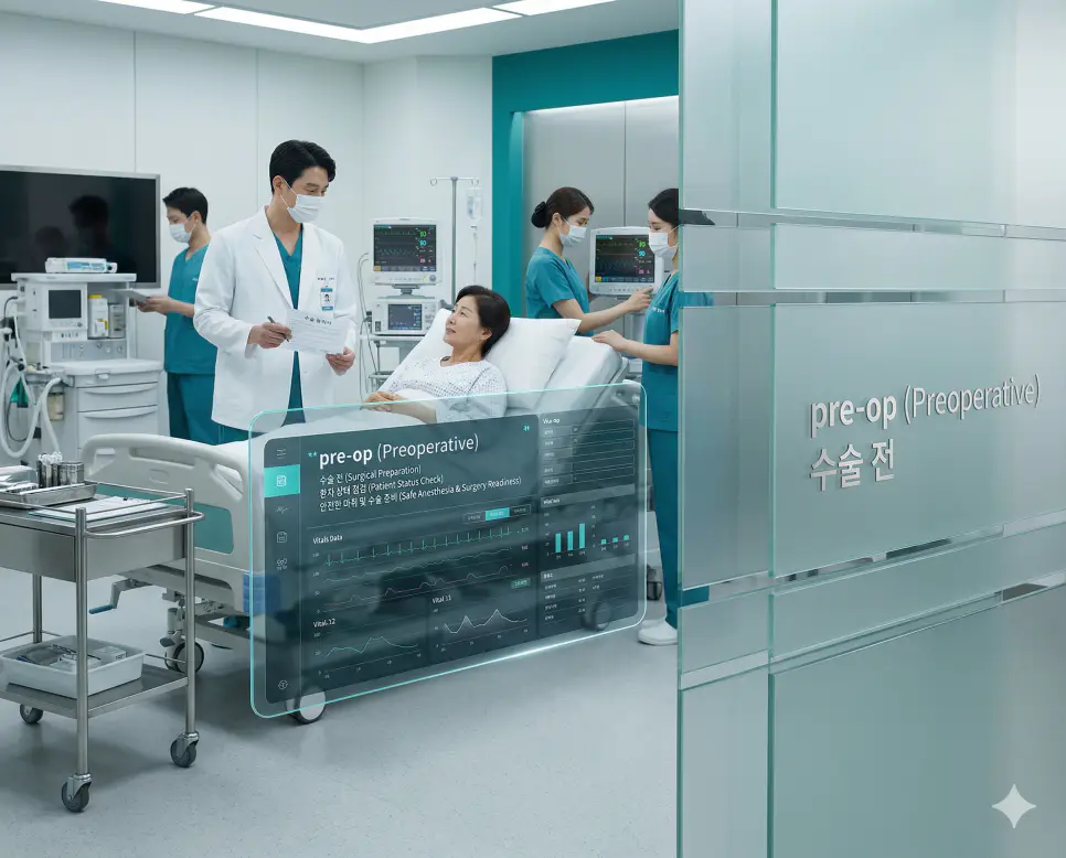 의학용어 PMS, PUD, pre-op 뜻 완벽 정리 3 의학용어 pre-op(수술 전) 기전을 통해 수술 전 환자의 전신 상태를 점검하고 안전한 마취와 수술을 위해 준비하는 표준 의료 절차를 한국인 의료진의 활동 이미지로 시각화한 이미지