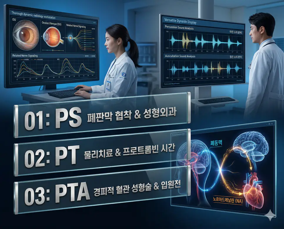 의학용어 PS, PT, PTA의 정의와 폐판막 협착 & 성형외과, 물리치료 & 프로트롬빈 시간, 경피적 혈관 성형술 & 입원전의 핵심 특징을 영화 포스터 스타일로 정리한 프리미엄 인포그래픽