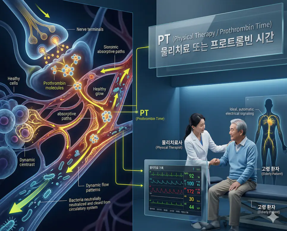 의학용어 PT(물리치료 또는 프로트롬빈 시간) 검사를 위해 혈액이 굳는 데 걸리는 시간을 측정하고 프로트롬빈 분자의 활성도를 분석하는 응고 검사 기전(왼쪽)과 신체 기능을 회복시키는 물리치료 재활 요법 기전(오른쪽)을 동시에 보여주는 병태생리 이미지