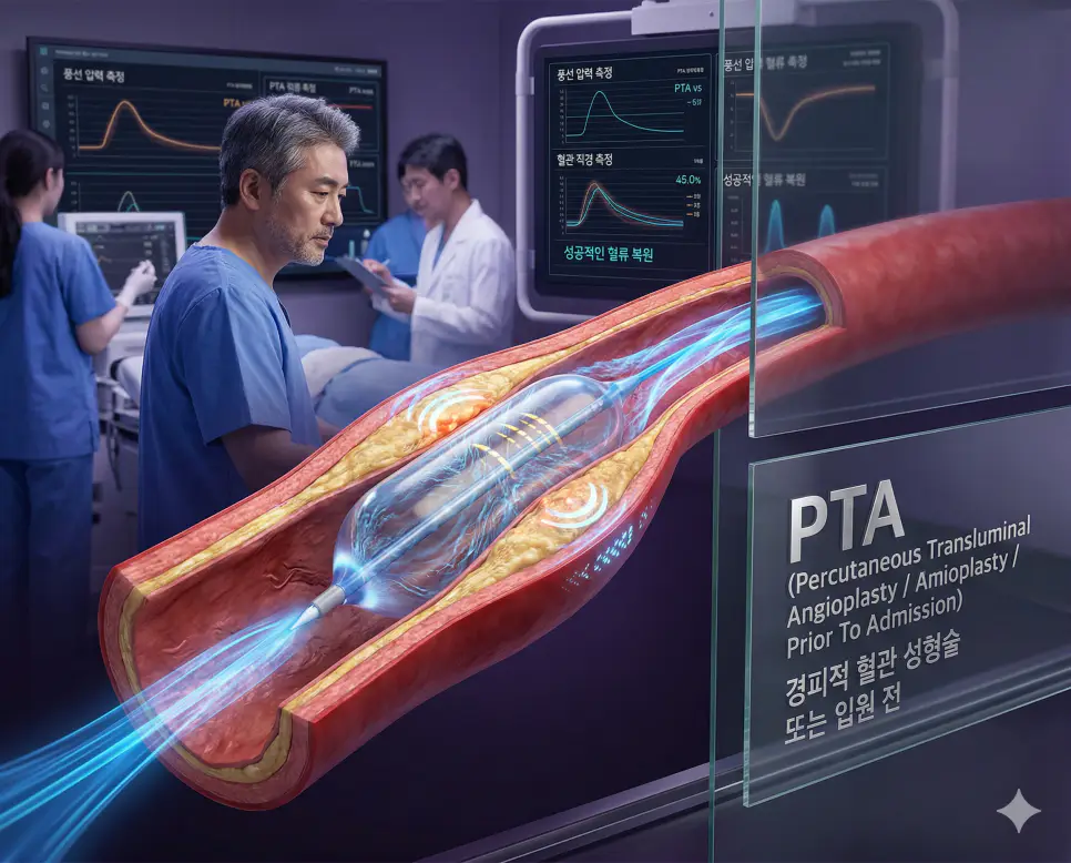 의학용어 PTA(경피적 혈관 성형술 또는 입원 전) 시술을 통해 좁아진 관상동맥에 풍선 카테터를 정밀하게 삽입하고 팽창시켜 혈관 벽을 넓히고 혈류를 성공적으로 개선하는 과정을 시각화한 의료 이미지