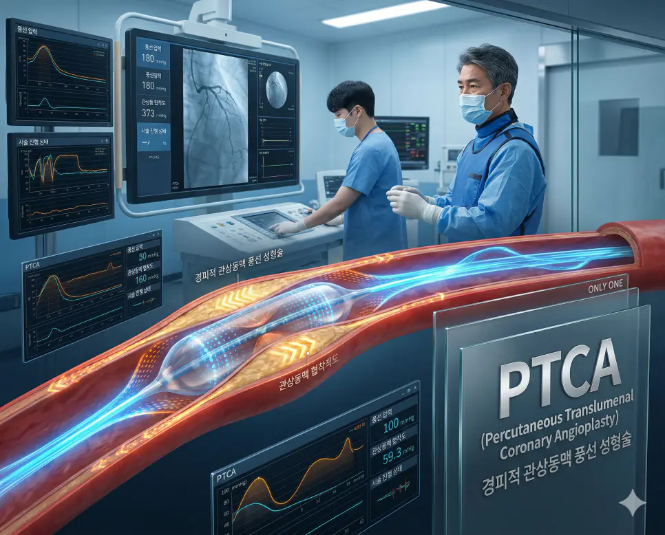 의학용어 PTCA, PTH, PTSD 완벽 가이드 1 의학용어 PTCA(경피적 관상동맥 풍선 성형술) 시술을 통해 좁아진 심장 혈관에 풍선 카테터를 정밀하게 삽입하고 팽창시켜 혈관 벽을 넓히고 혈류를 성공적으로 재개통하는 과정을 시각화한 의료 이미지
