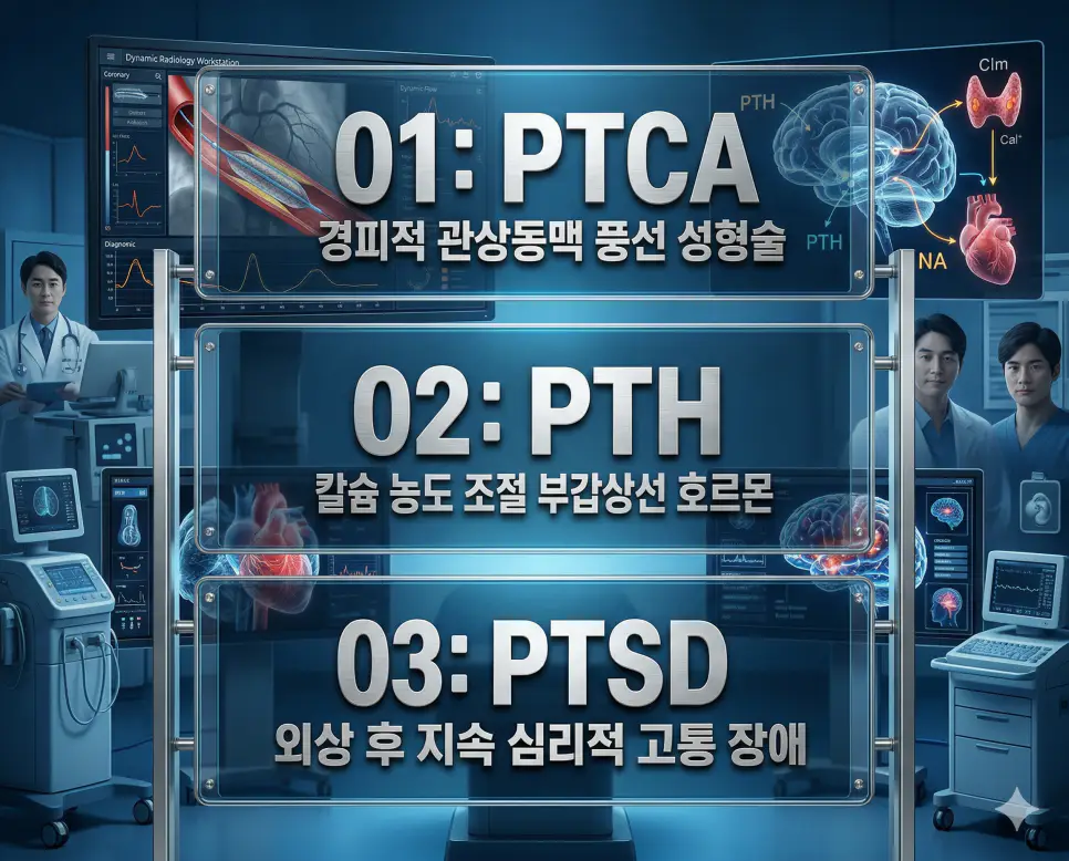 의학용어 PTCA, PTH, PTSD 완벽 가이드 4 의학용어 PTCA, PTH, PTSD의 정의와 경피적 관상동맥 풍선 성형술, 칼슘 농도 조절 부갑상선 호르몬, 외상 후 지속 심리적 고통 장애의 핵심 특징을 영화 포스터 스타일로 정리한 프리미엄 인포그래픽