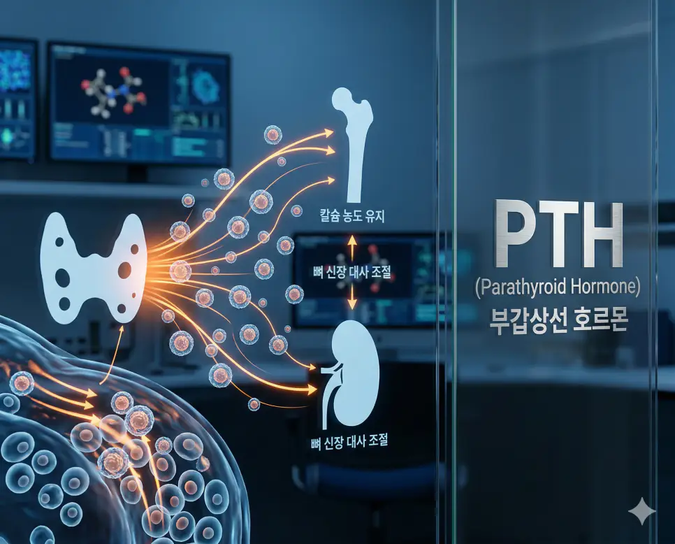 의학용어 PTCA, PTH, PTSD 완벽 가이드 2 의학용어 PTH(부갑상선 호르몬) 분자가 부갑상선에서 분비되어 뼈와 신장 세포에 작용하며 혈액 내 칼슘 농도를 일정하게 유지하고 대사를 조절하는 병태생리 기전 시각화 이미지