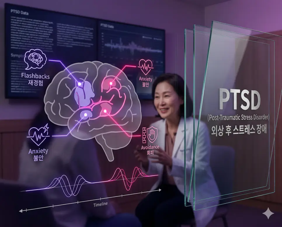 의학용어 PTCA, PTH, PTSD 완벽 가이드 3 의학용어 PTSD(외상 후 스트레스 장애)로 인해 환자가 충격적인 사건을 겪은 후 나타나는 불안, 재경험, 회피 행동 등 마음의 고통이 지속되는 뇌 기능 변화와 기전 시각화 이미지
