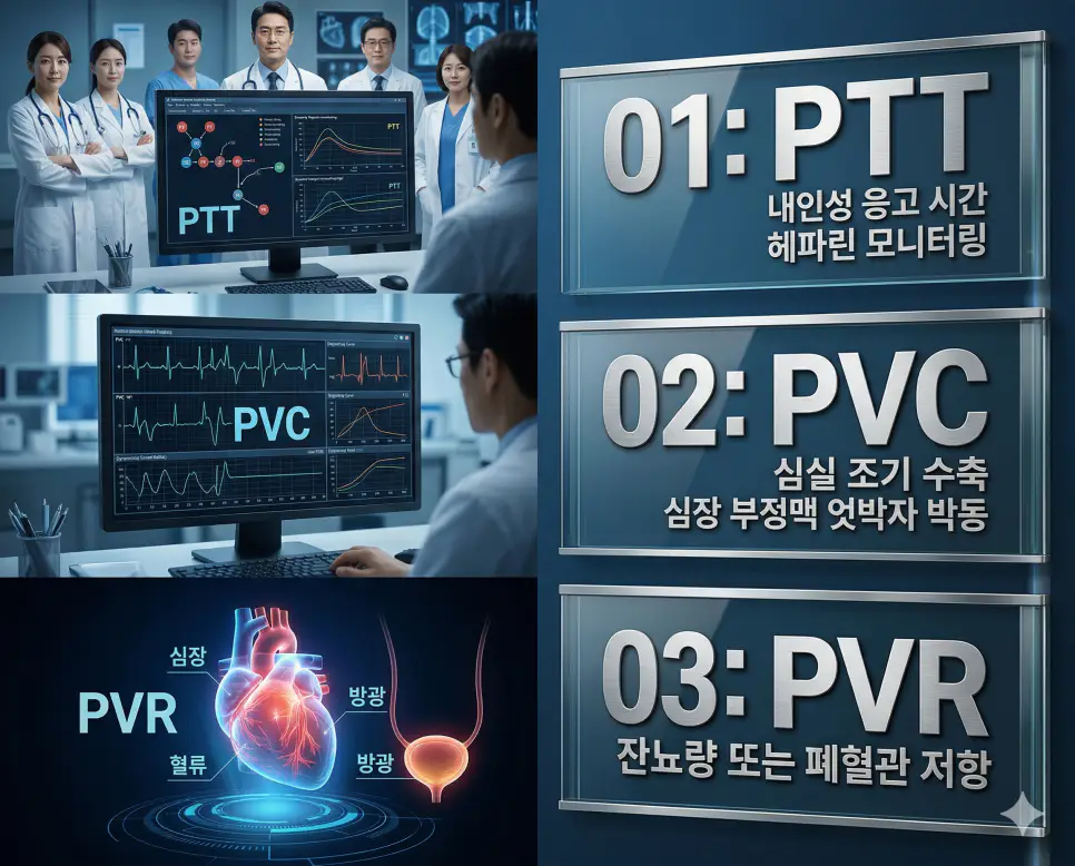 의학용어 PTT, PVC, PVR의 정의와 내인성 응고 시간 헤파린 모니터링, 심실 조기 수축 심장 부정맥 엇박자 박동, 잔뇨량 또는 폐혈관 저항의 핵심 특징을 영화 포스터 스타일로 정리한 프리미엄 인포그래픽