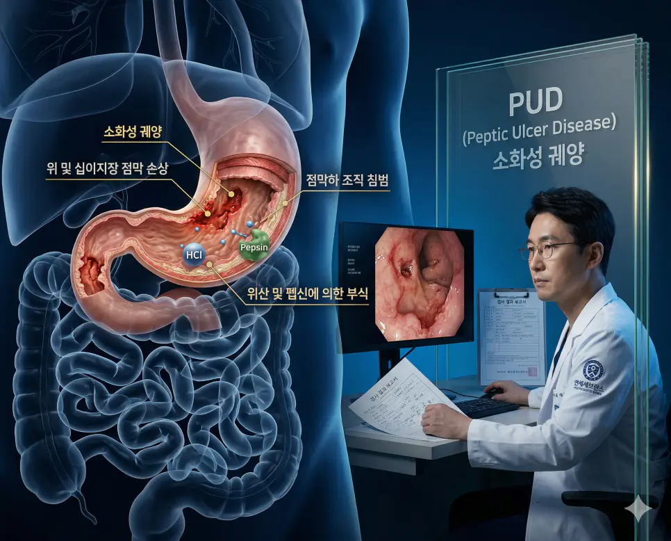 의학용어 PMS, PUD, pre-op 뜻 완벽 정리 2 의학용어 PUD(소화성 궤양) 기전을 통해 위산과 펩신의 공격으로 위나 십이지장 점막이 손상되어 점막하 조직까지 파인 상태를 한국인 환자의 데이터와 함께 시각화한 병태생리 이미지