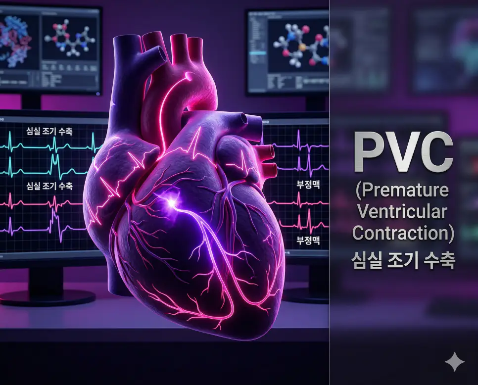 의학용어 PVC(심실 조기 수축)로 인해 심장의 정상 리듬보다 심실에서 전기 신호가 한발 먼저 발생하여 정상 박동을 방해하고 엇박자 부정맥을 일으키는 병태생리 기전 시각화 이미지