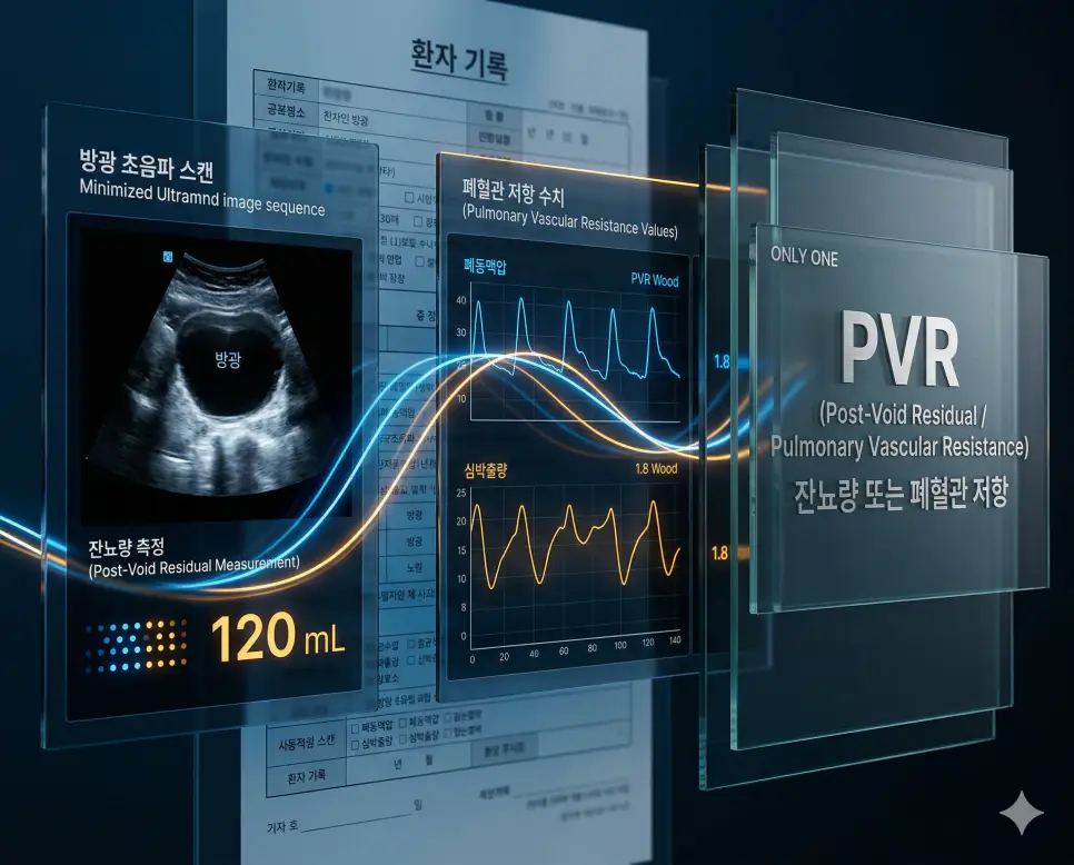 의학용어 PVR(잔뇨량 또는 폐혈관 저항) 측정을 통해 소변을 본 후 방광에 남아 있는 잔뇨량(왼쪽)과 폐 혈류의 흐름을 방해하는 폐혈관 저항 수치(오른쪽)를 동시에 보여주는 병태생리 이미지