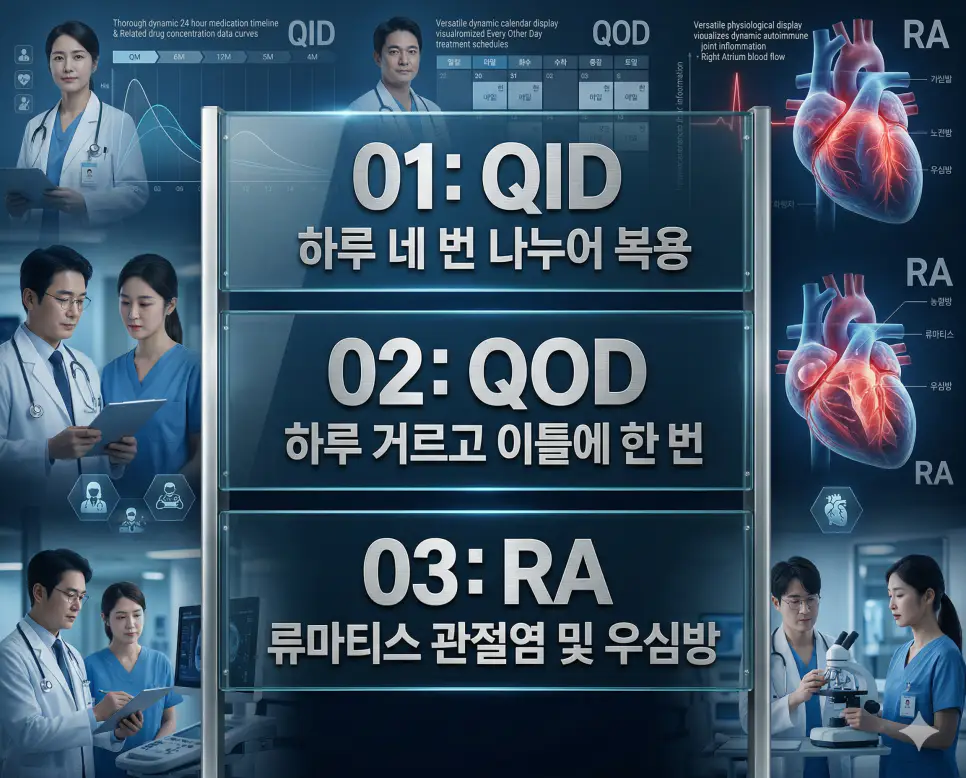 의학용어 QID, QOD, RA의 정의와 하루 네 번 나누어 복용, 하루 거르고 이틀에 한 번, 류마티스 관절염 및 우심방의 핵심 특징을 영화 포스터 스타일로 정리한 프리미엄 인포그래픽
