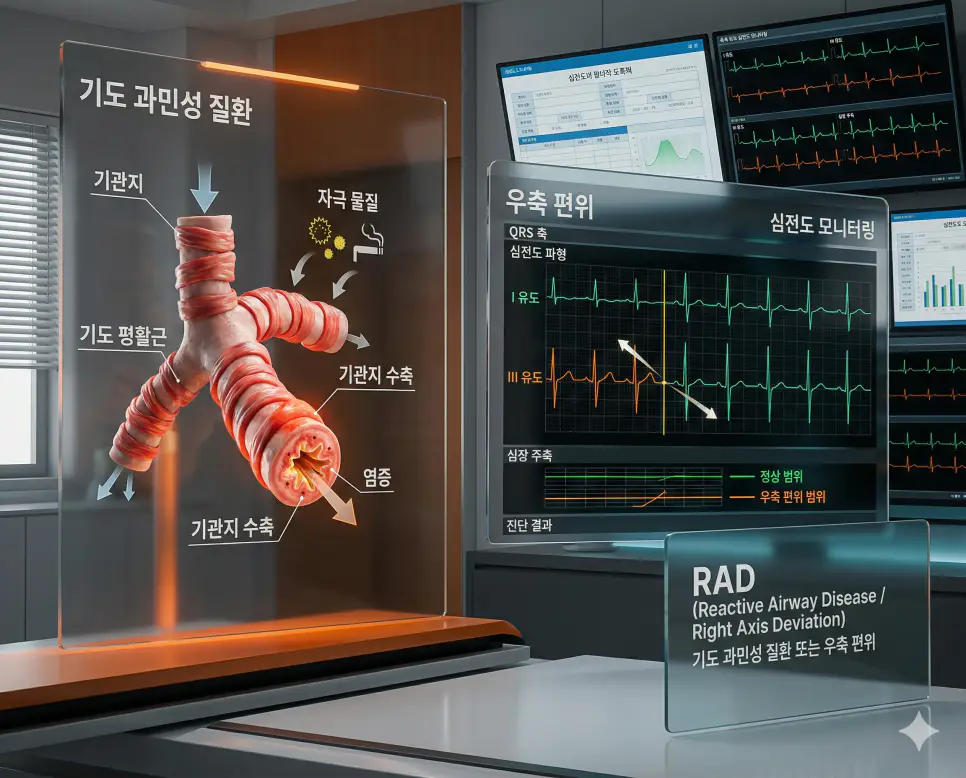 의학용어 R/O, RAD, RHD 뜻 완벽 정리 2 의학용어 RAD(기도 과민성 질환 또는 우축 편위) 기전을 통해 기관지가 외부 자극에 예민하게 반응하는 상태(왼쪽)와 심전도상 전기적 축이 오른쪽으로 치우친 상태(오른쪽)를 동시에 시각화한 이미지