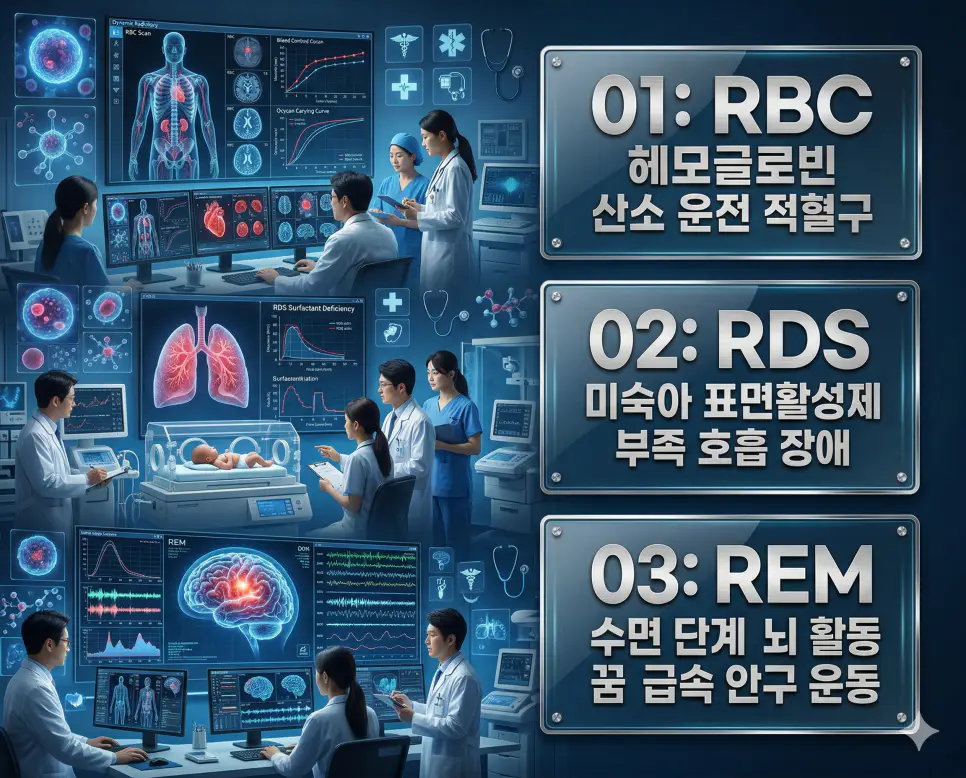 의학용어 RBC, RDS, REM 완벽 가이드 4 의학용어 RBC, RDS, REM의 정의와 헤모글로빈 산소 운전 적혈구, 미숙아 표면활성제 부족 호흡 장애, 수면 단계 뇌 활동 꿈 급속 안구 운동의 핵심 특징을 영화 포스터 스타일로 정리한 프리미엄 인포그래픽