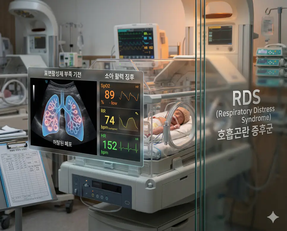 의학용어 RBC, RDS, REM 완벽 가이드 2 의학용어 RDS(호흡곤란 증후군)로 인해 미숙아의 폐 팽창을 돕는 표면활성제가 부족하여 폐포가 헐떡거리고 급성 호흡기 장애가 발생하는 기전 시각화 이미지