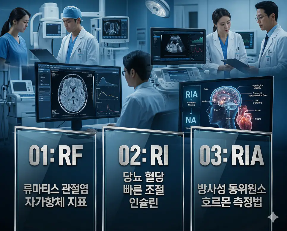 의학용어 RF, RI, RIA 완벽 가이드 4 의학용어 RF, RI, RIA의 정의와 류마티스 관절염 자가항체 지표, 당뇨 혈당 빠른 조절 인슐린, 방사성 동위원소 호르몬 측정법의 핵심 특징을 영화 포스터 스타일로 정리한 프리미엄 인포그래픽