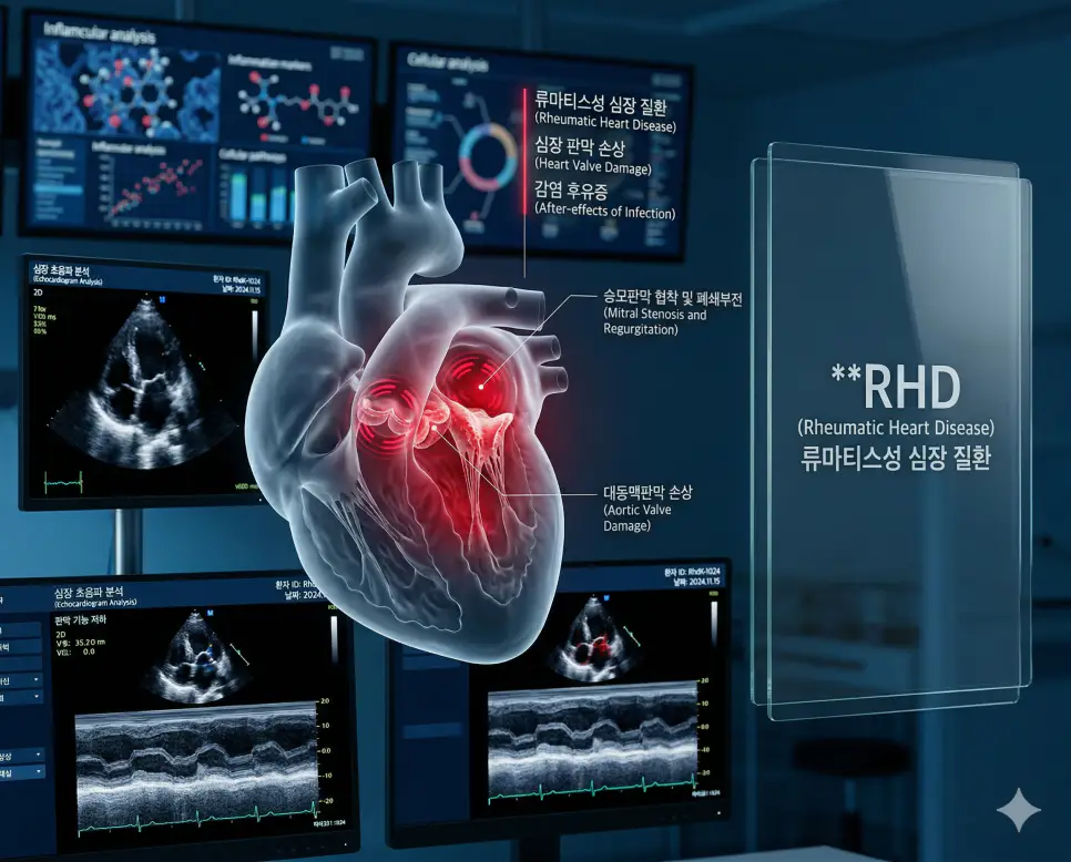 의학용어 R/O, RAD, RHD 뜻 완벽 정리 3 의학용어 R/O, RAD, RHD의 정의와 확진 전 특정 질환 가능성 의증, 기도 과민 수축 및 심전도 우축 편위, 연쇄상구균 후유증 심장 판막 손상의 핵심 특징을 영화 포스터 스타일로 정리한 프리미엄 인포그래픽