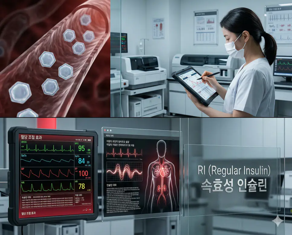 의학용어 RF, RI, RIA 완벽 가이드 2 의학용어 RI(속효성 인슐린) 분자가 혈액 내에서 빠르게 순환하며 당뇨병 환자의 혈당을 신속하게 조절하고 대사를 개선하는 병태생리 기전 시각화 이미지