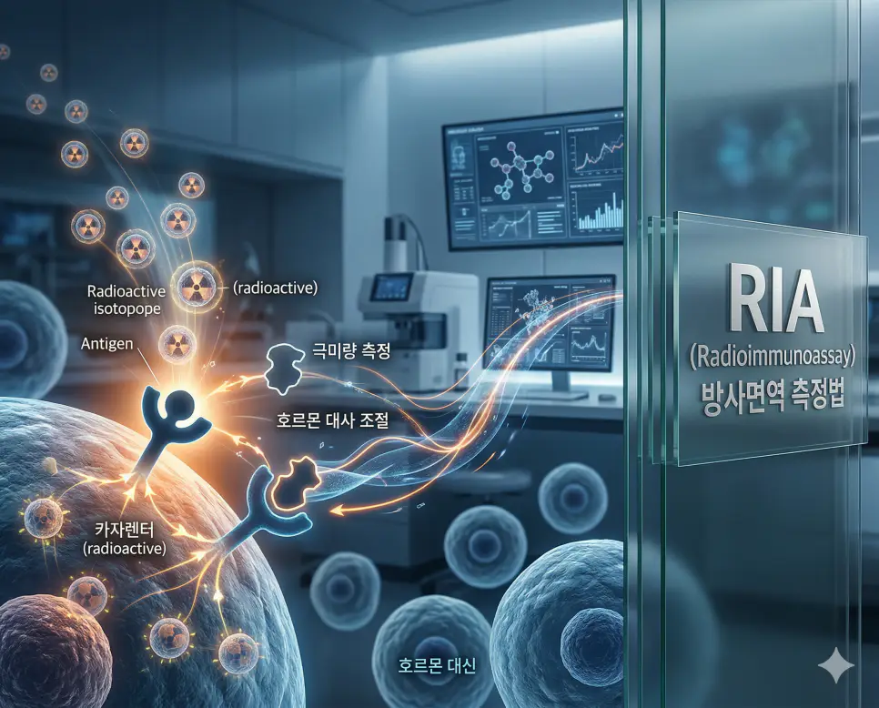 의학용어 RF, RI, RIA 완벽 가이드 3 의학용어 RIA(방사면역 측정법) 검사를 위해 방사성 동위원소를 이용하여 혈액 내 극미량의 호르몬이나 약물을 정밀하게 측정하고 분석하는 이미지