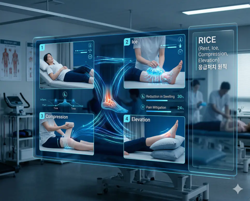의학용어 RICE, RLQ, RLL 완벽 가이드 1 의학용어 RICE(응급처치 원칙) 수칙에 따라 급성 골격계 손상 시 휴식(Rest), 냉찜질(Ice), 압박(Compression), 거상(Elevation)을 통해 통증과 부종을 효과적으로 관리하는 기전 이미지