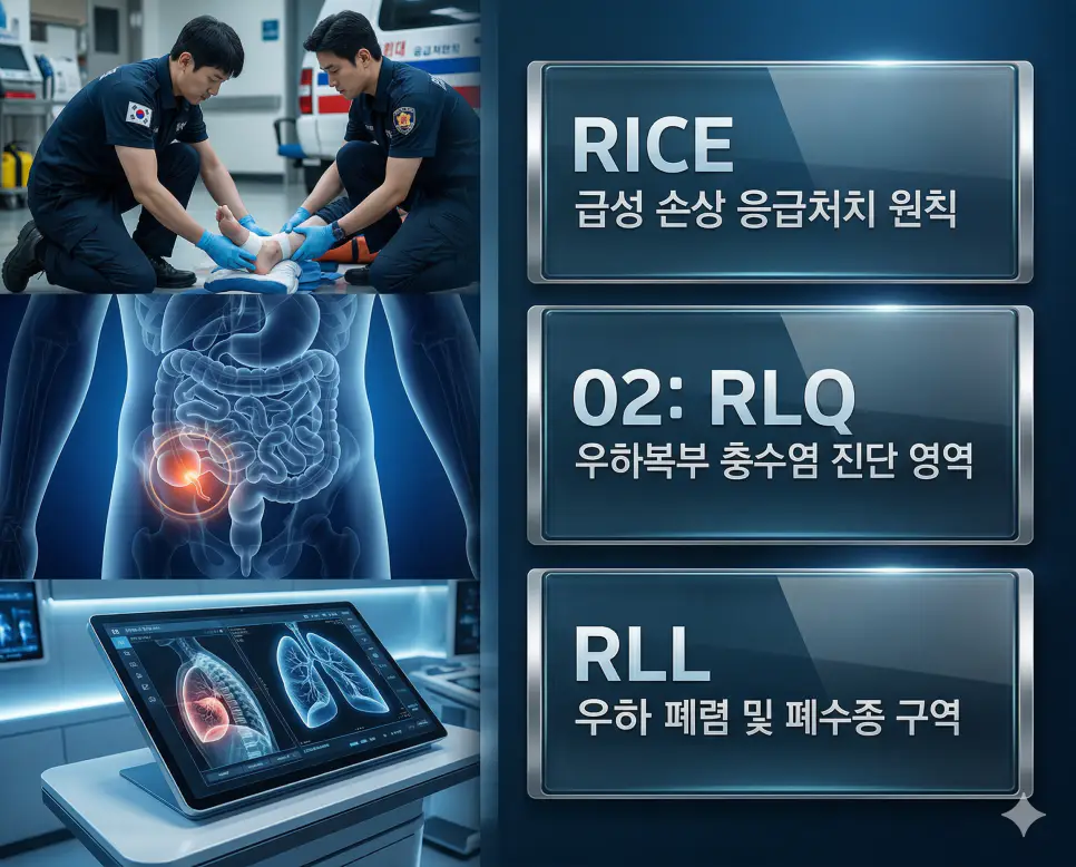 의학용어 RICE, RLQ, RLL 완벽 가이드 4 의학용어 RICE, RLQ, RLL의 정의와 급성 손상 응급처치 원칙, 우하복부 충수염 진단 영역, 우하엽 폐렴 및 폐수종 구역의 핵심 특징을 영화 포스터 스타일로 정리한 프리미엄 인포그래픽