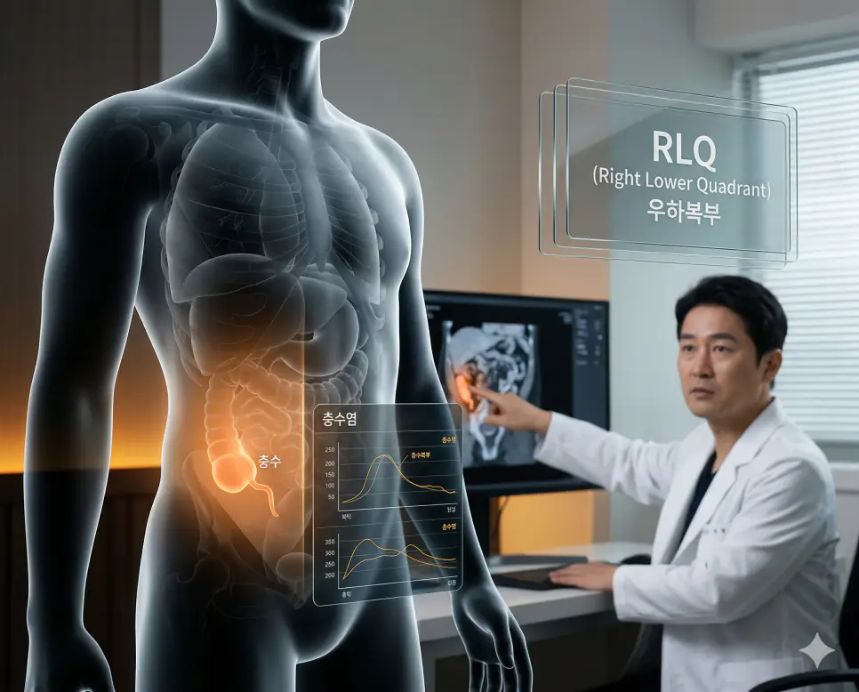 의학용어 RICE, RLQ, RLL 완벽 가이드 2 의학용어 RLQ(우하복부) 해부학적 영역을 시각화하여 복부의 오른쪽 아래 부위에서 충수염(맹장염) 유무를 정확하게 진단하고 통증 부위를 확인하는 이미지