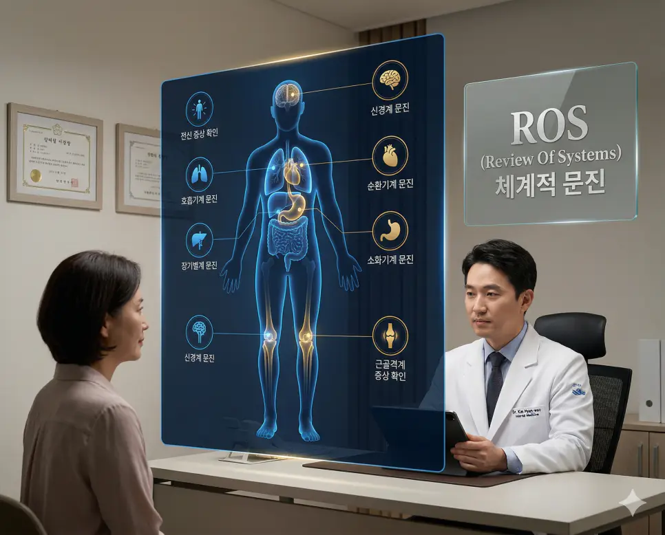 의학용어 RM, ROM, ROS 완벽 가이드 3 의학용어 ROS(체계적 문진) 과정을 시각화하여 질병 진단을 위해 환자의 전신 상태와 각 장기별 증상 유무를 머리부터 발끝까지 꼼꼼하게 확인하는 문진 과정 이미지