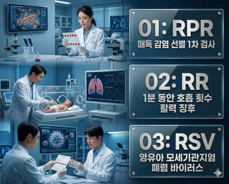 의학용어 RPR, RR, RSV 완벽 가이드 4 의학용어 RPR, RR, RSV의 정의와 매독 감염 선별 1차 검사, 1분 동안 호흡 횟수 활력 징후, 영유아 모세기관지염 폐렴 바이러스의 핵심 특징을 영화 포스터 스타일로 정리한 프리미엄 인포그래픽