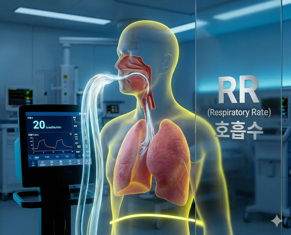 의학용어 RPR, RR, RSV 완벽 가이드 2 의학용어 RR(호흡수) 측정을 위해 한국인 환자의 1분 동안 숨을 쉬는 횟수를 디지털 모니터와 압력-시간 곡선을 통해 실시간으로 모니터링하며 활력 징후 상태를 확인하는 이미지