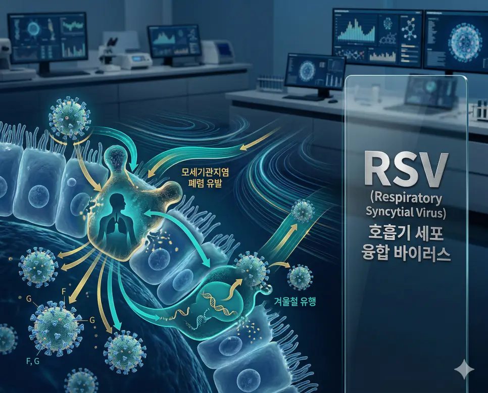 의학용어 RPR, RR, RSV 완벽 가이드 3 의학용어 RSV(호흡기 세포 융합 바이러스) 분자가 겨울철 영유아나 고령자의 호흡기에 전염되어 심한 모세기관지염이나 폐렴을 유발하고 대사를 조절하는 병태생리 기전 시각화 이미지