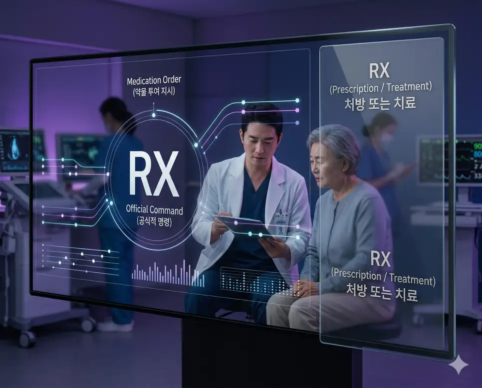 의학용어 RX, S&S, S1-S4 완벽 가이드 1 의학용어 RX(처방 또는 치료) 기전을 통해 한국인 의사가 환자의 상태를 정밀 분석하고 공식적인 약물 투여나 처치 명령을 내리는 과정을 시각화한 병태생리 이미지