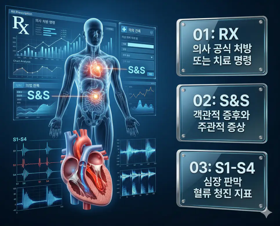 의학용어 RX, S&S, S1-S4 완벽 가이드 4 의학용어 RX, S&S, S1-S4의 정의와 의사 공식 처방 또는 치료 명령, 객관적 증후와 주관적 증상, 심장 판막 혈류 청진 지표의 핵심 특징을 영화 포스터 스타일로 정리한 프리미엄 인포그래픽