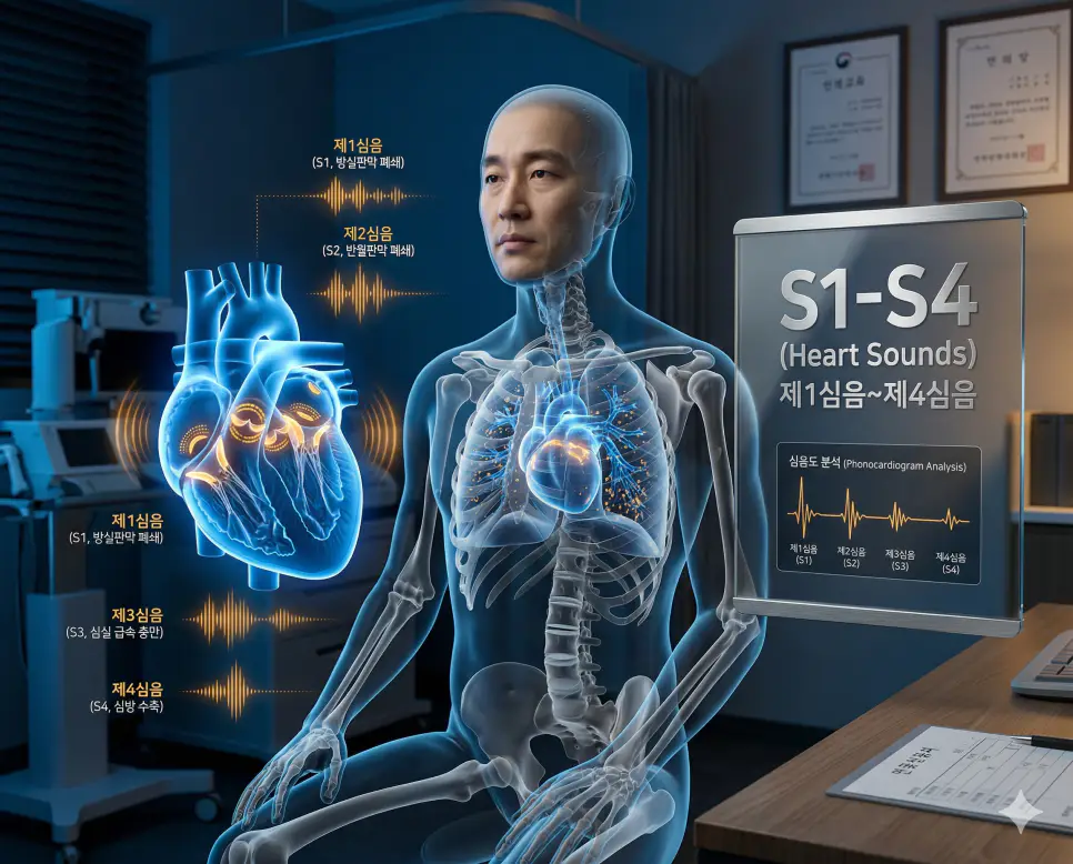 의학용어 RX, S&S, S1-S4 완벽 가이드 3 의학용어 S1-S4(제1심음~제4심음)가 심장 박동 시 판막이 닫히거나 혈류가 부딪히며 발생하는 소리 신호를 청진기로 측정하고 심장 기능을 평가하는 병태생리 이미지