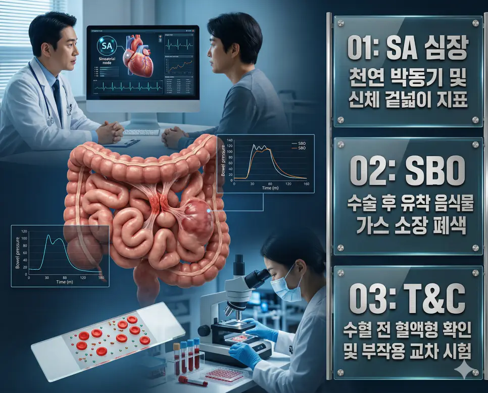 의학용어 SA, SBO, T&C 뜻 완벽 정리 4 의학용어 SA, SBO, T&C의 정의와 심장 천연 박동기 및 신체 겉넓이 지표, 수술 후 유착 음식물 가스 소장 폐색, 수혈 전 혈액형 확인 및 부작용 교차 시험의 핵심 특징을 영화 포스터 스타일로 정리한 프리미엄 인포그래픽