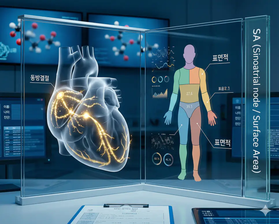 의학용어 SA, SBO, T&C 뜻 완벽 정리 1 의학용어 SA(동방결절 또는 표면적) 기전을 통해 심장의 전기 신호를 만들어내는 천연 박동기(왼쪽)와 신체의 겉넓이를 나타내는 지표(오른쪽)를 동시에 시각화한 이미지