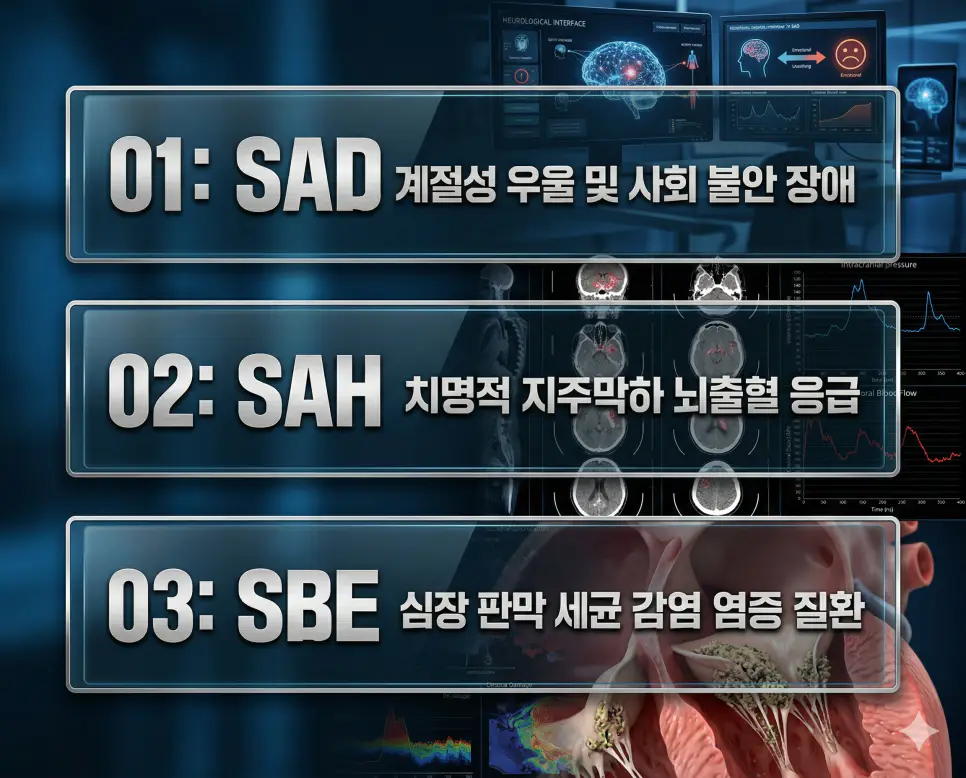 의학용어 SAD, SAH, SBE의 정의와 계절성 우울 및 사회 불안 장애, 치명적 지주막하 뇌출혈 응급, 심장 판막 세균 감염 염증 질환의 핵심 특징을 영화 포스터 스타일로 정리한 프리미엄 인포그래픽