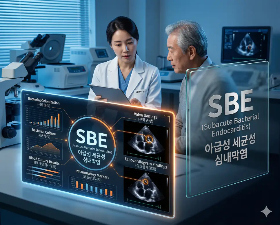 의학용어 SBE(아급성 세균성 심내막염)가 심장 판막이나 내막에 세균이 달라붙어 서서히 염증을 일으키고 조직을 손상시키는 감염성 질환의 병태생리 기전을 시각화한 의료 이미지