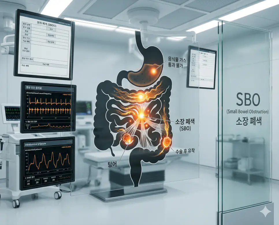 의학용어 SA, SBO, T&C 뜻 완벽 정리 2 의학용어 SBO(소장 폐색) 기전을 통해 수술 후 유착이나 종양 등으로 인해 한국인 환자의 소장이 막혀 음식물과 가스가 통과하지 못하는 병태생리 상태를 소화기 운동 데이터와 함께 시각화한 이미지