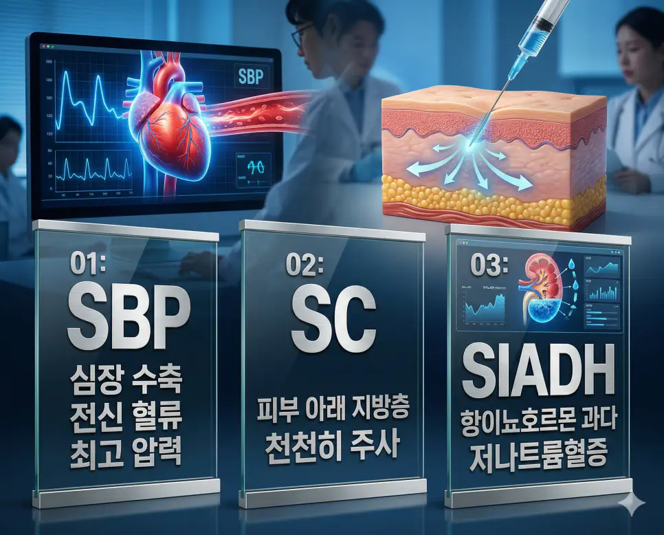 의학용어 SBP, SC, SIADH 완벽 가이드 4 의학용어 SBP, SC, SIADH의 정의와 심장 수축 전신 혈류 최고 압력, 피부 아래 지방층 천천히 주사, 항이뇨호르몬 과다 저나트륨혈증의 핵심 특징을 영화 포스터 스타일로 정리한 프리미엄 인포그래픽