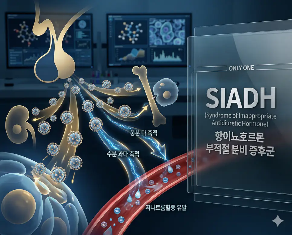 의학용어 SBP, SC, SIADH 완벽 가이드 3 의학용어 SIADH(항이뇨호르몬 부적절 분비 증후군) 기전을 통해 부적절하게 분비된 항이뇨호르몬이 체내에 수분을 과다하게 축적하고 저나트륨혈증을 유발하는 병태생리 기전 이미지