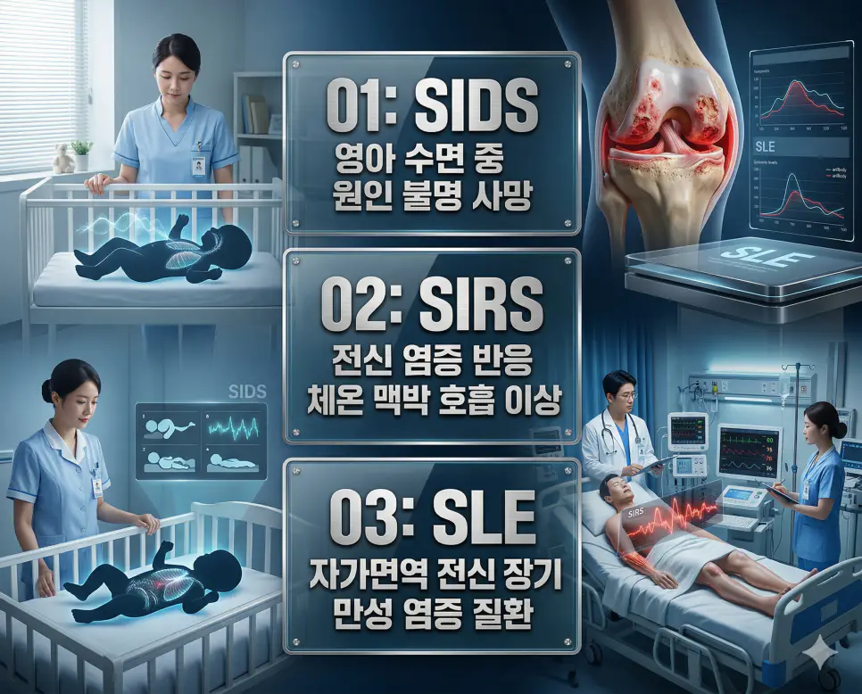 의학용어 SIDS, SIRS, SLE 완벽 가이드 4 의학용어 SIDS, SIRS, SLE의 정의와 영아 수면 중 원인 불명 사망, 전신 염증 반응 체온 맥박 호흡 이상, 자가면역 전신 장기 만성 염증 질환의 핵심 특징을 영화 포스터 스타일로 정리한 프리미엄 인포그래픽