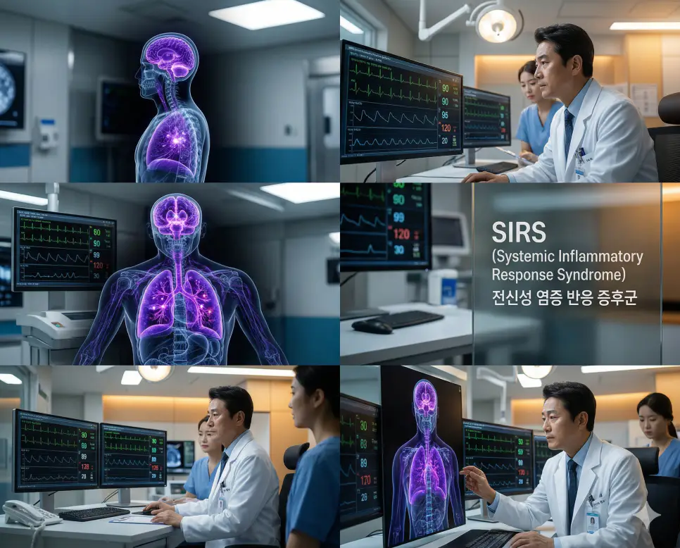 의학용어 SIDS, SIRS, SLE 완벽 가이드 2 의학용어 SIRS(전신성 염증 반응 증후군)가 감염, 외상, 화상 등에 의해 한국인 환자의 뇌 CT 스캔에서 체온, 맥박, 호흡수, 백혈구 수치 등이 비정상적으로 변하며 전신에 염증 반응이 나타나는 기전 이미지