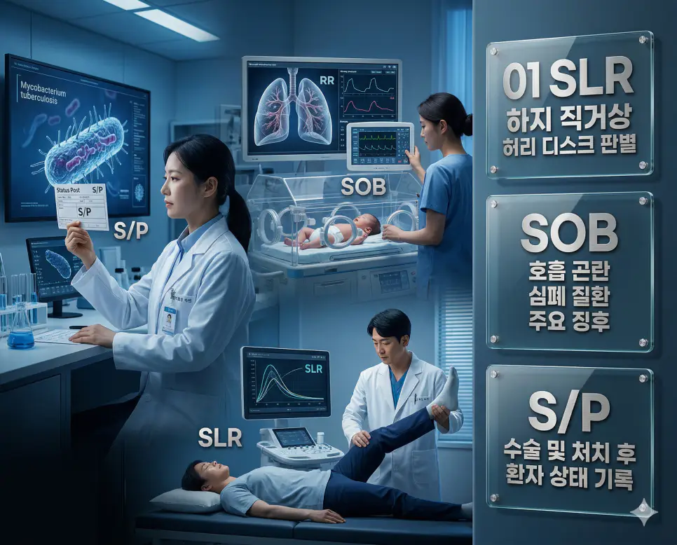 의학용어 SLR, SOB, S/P 완벽 가이드 4 의학용어 SLR, SOB, S/P의 정의와 하지 직거상 허리 디스크 판별, 호흡 곤란 심폐 질환 주요 징후, 수술 및 처치 후 환자 상태 기록의 핵심 특징을 영화 포스터 스타일로 정리한 프리미엄 인포그래픽