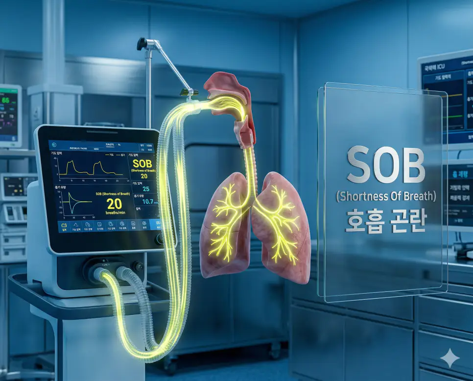 의학용어 SLR, SOB, S/P 완벽 가이드 2 의학용어 SOB(호흡 곤란)로 인해 환자가 숨이 가쁘거나 호흡하기 어려운 상태를 겪으며 디지털 모니터와 압력-시간 곡선을 통해 실시간으로 활력 징후 상태를 모니터링하는 이미지
