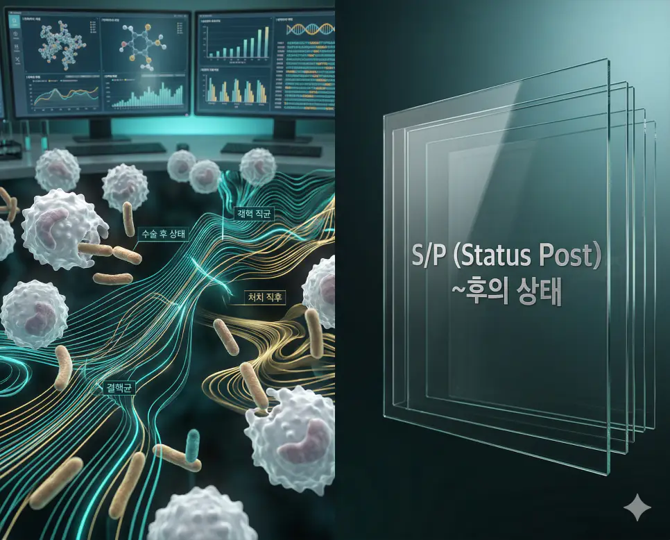 의학용어 SLR, SOB, S/P 완벽 가이드 3 의학용어 S/P(~후의 상태) 분자가 특정 수술이나 처치, 혹은 사건을 겪은 직후의 한국인 환자 상태를 나타내는 의학 기록용 약어로 사용되는 병태생리 기전 시각화 이미지