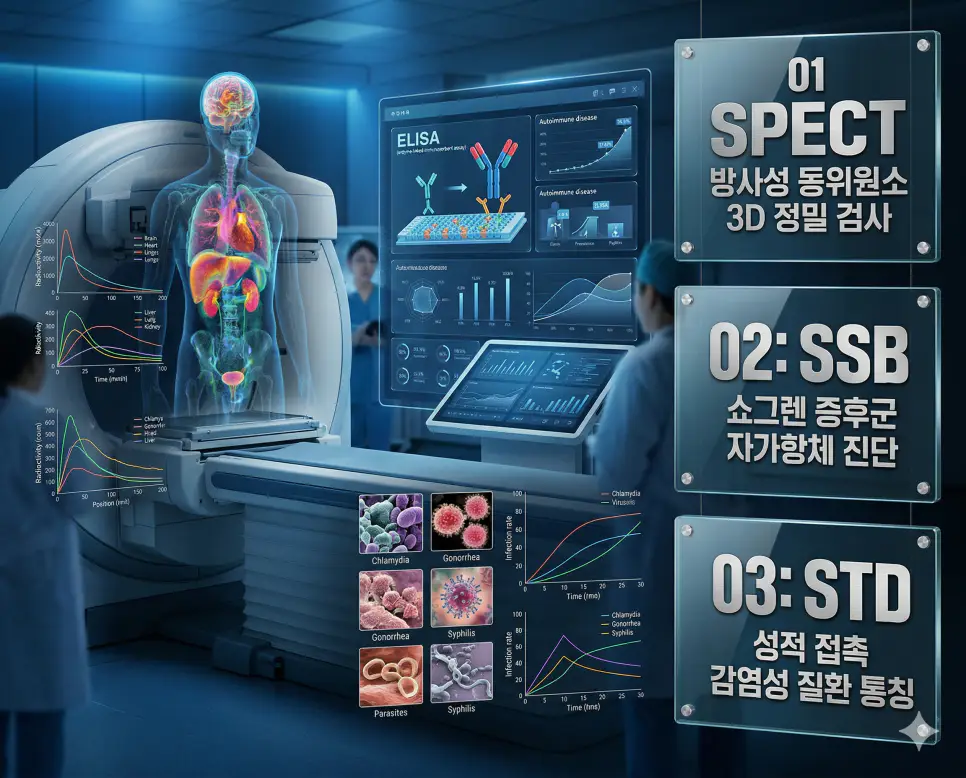 의학용어 SPECT, SSB, STD 완벽 가이드 4 의학용어 SPECT, SSB, STD의 정의와 방사성 동위원소 3D 정밀 검사, 쇼그렌 증후군 자가항체 진단, 성적 접촉 감염성 질환 통칭의 핵심 특징을 영화 포스터 스타일로 정리한 프리미엄 인포그래픽