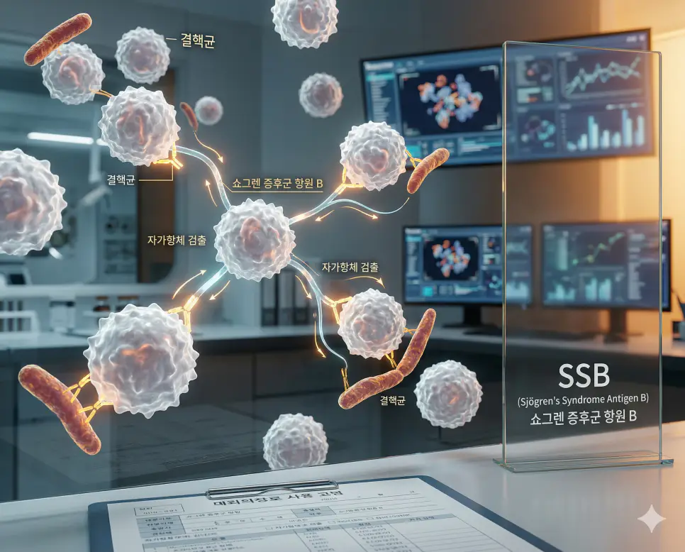 의학용어 SPECT, SSB, STD 완벽 가이드 2 의학용어 SSB(쇼그렌 증후군 항원 B) 자가항체가 혈액 내에서 면역 세포에 의해 검출되어 자가면역 질환인 쇼그렌 증후군이나 루푸스를 진단하고 대사를 조절하는 병태생리 기전 시각화 이미지