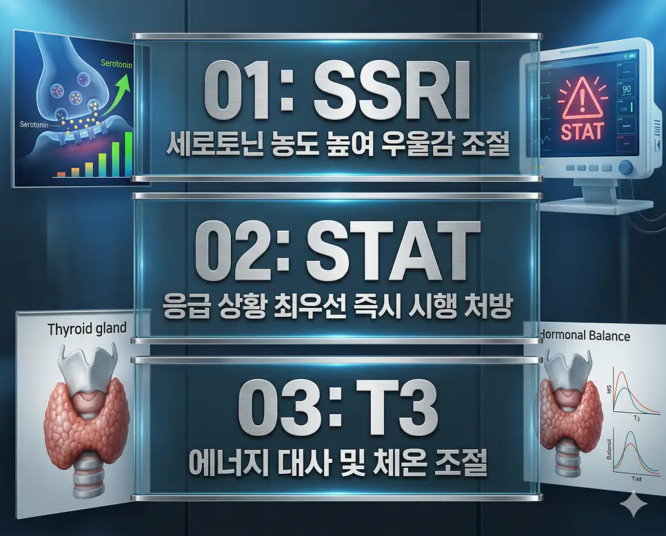 의학용어 SSRI, STAT, T3의 정의와 세로토닌 농도 높여 우울감 조절, 응급 상황 최우선 즉시 시행 처방, 에너지 대사 및 체온 조절 갑상선 호르몬의 핵심 특징을 영화 포스터 스타일로 정리한 프리미엄 인포그래픽