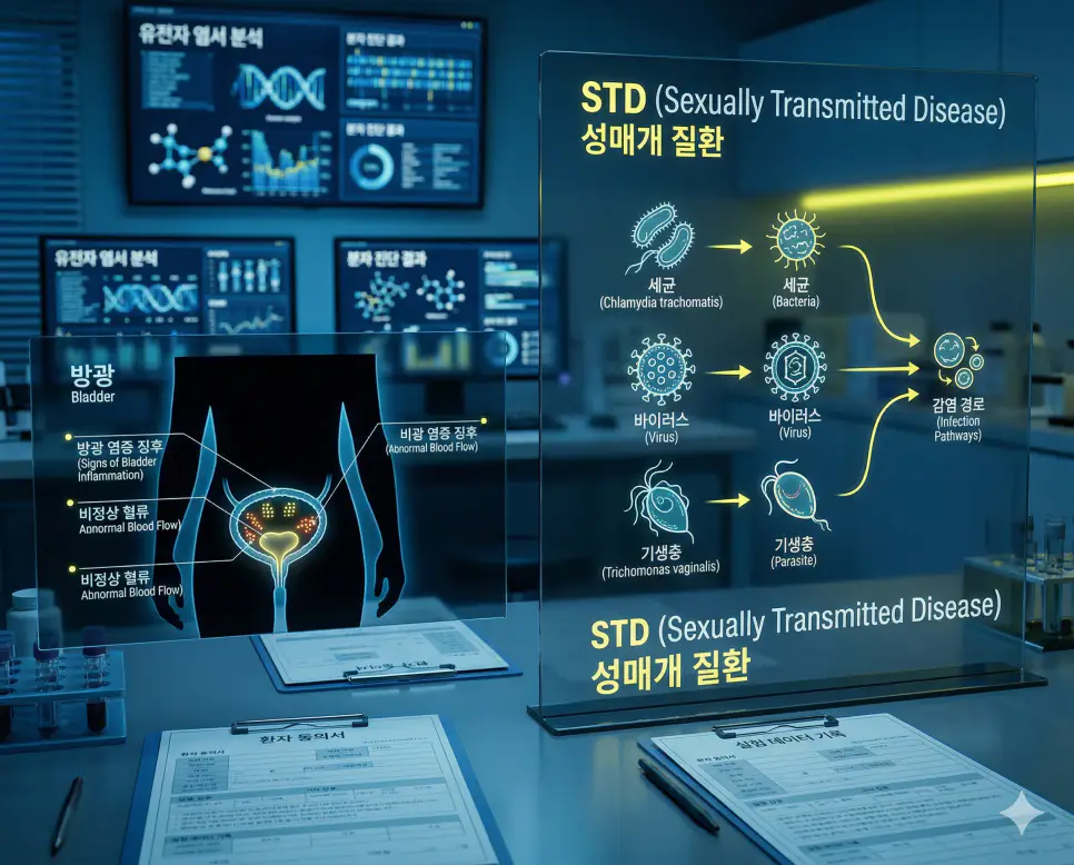 의학용어 SPECT, SSB, STD 완벽 가이드 3 의학용어 STD(성매개 질환)가 성적 접촉을 통해 한국인 환자의 몸속으로 전파되는 박테리아, 바이러스, 기생충에 의한 감염성 질환의 병태생리 기전과 증상을 시각화한 이미지