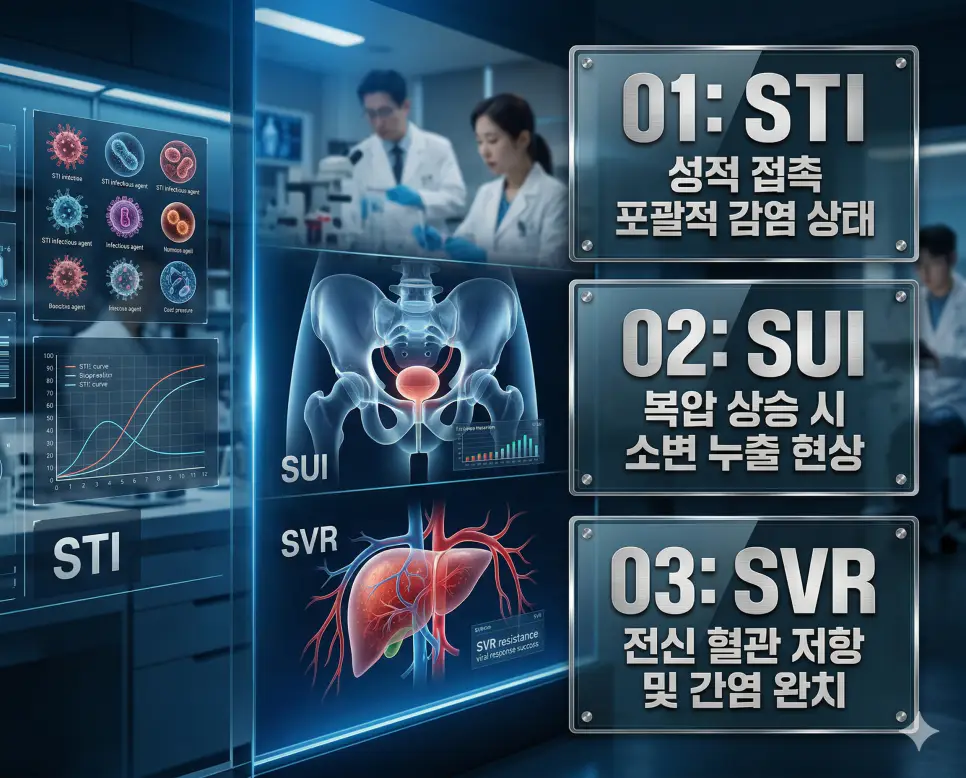 의학용어 STI, SUI, SVR의 정의와 성적 접촉 포괄적 감염 상태, 복압 상승 시 소변 누출 현상, 전신 혈관 저항 및 간염 완치의 핵심 특징을 영화 포스터 스타일로 정리한 프리미엄 인포그래픽